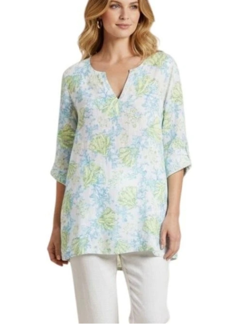 J. Jill Love Linen Tropical Sea Turtle V-Neck 3/4 Sleeve Blouse Size M